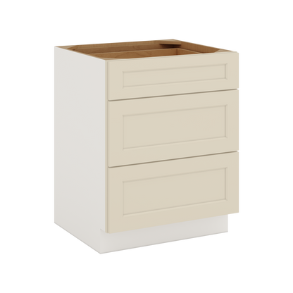 Three Drawer Base Cabinet 12", 15", 18", 21", 24", 27", 30", 33" & 36" Wide Manhattan Cream Shaker 1-1/4" Overlay