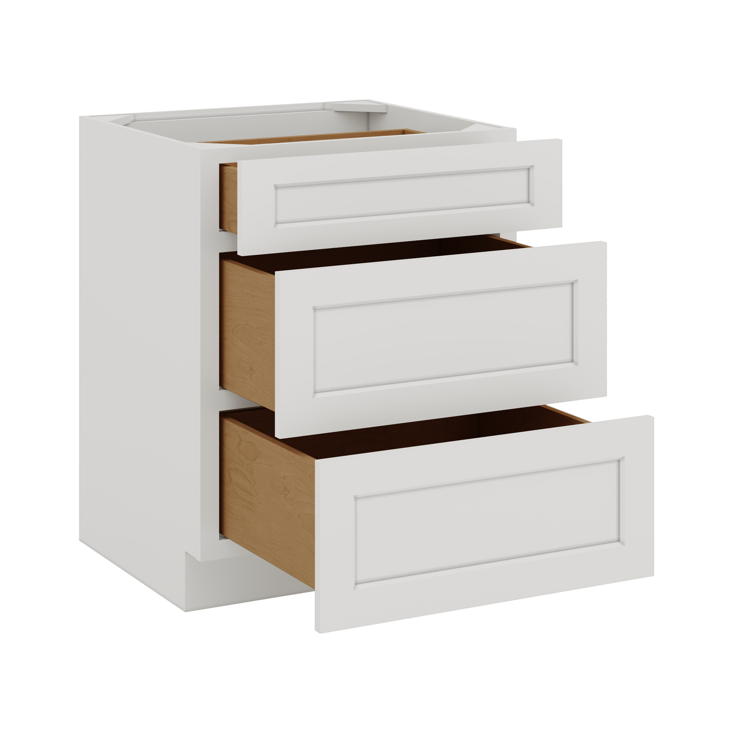 White Double Shaker 1-1/4" Overlay 3 Drawer Base Cabinet 12", 15", 18", 21", 24", 30", 33" & 36" Wide