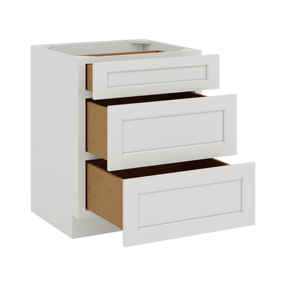 White Double Shaker 1-1/4" Overlay 3 Drawer Base Cabinet 12", 15", 18", 21", 24", 30", 33" & 36" Wide