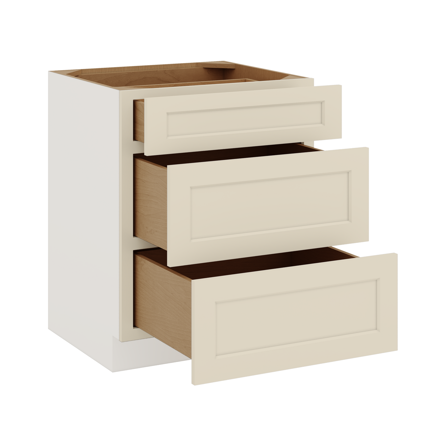 Three Drawer Base Cabinet 12", 15", 18", 21", 24", 27", 30", 33" & 36" Wide Manhattan Cream Shaker 1-1/4" Overlay