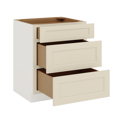 Three Drawer Base Cabinet 12", 15", 18", 21", 24", 27", 30", 33" & 36" Wide Manhattan Cream Shaker 1-1/4" Overlay