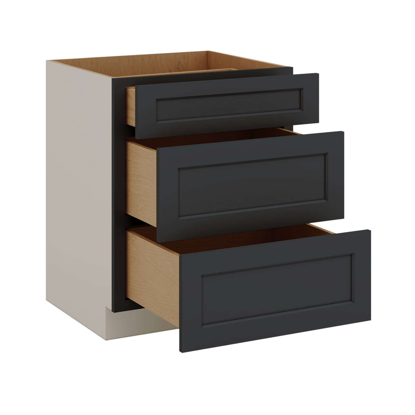 Three Drawer Base Cabinet 12", 15", 18", 21", 24", 30", 33" & 36" Wide 15HNS Hermosa Noir Black Shaker 1-1/4" Overlay