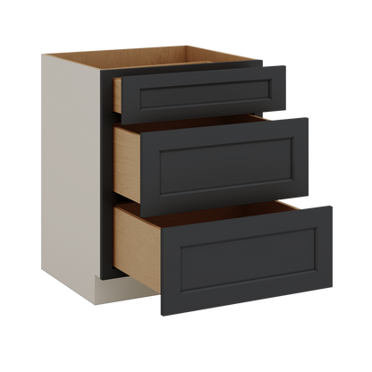 Three Drawer Base Cabinet 12", 15", 18", 21", 24", 30", 33" & 36" Wide 15HNS Hermosa Noir Black Shaker 1-1/4" Overlay