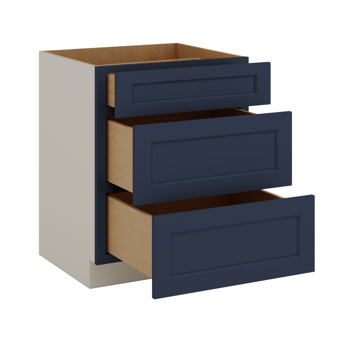 Three Drawer Base Cabinet 12", 15", 18", 21", 24", 30", 33" & 36" Wide NB29 Naval Blue Shaker 1-1/4" Overlay