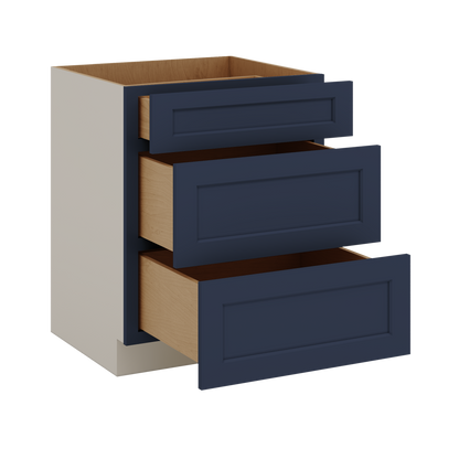 Three Drawer Base Cabinet 12", 15", 18", 21", 24", 30", 33" & 36" Wide NB29 Naval Blue Shaker 1-1/4" Overlay