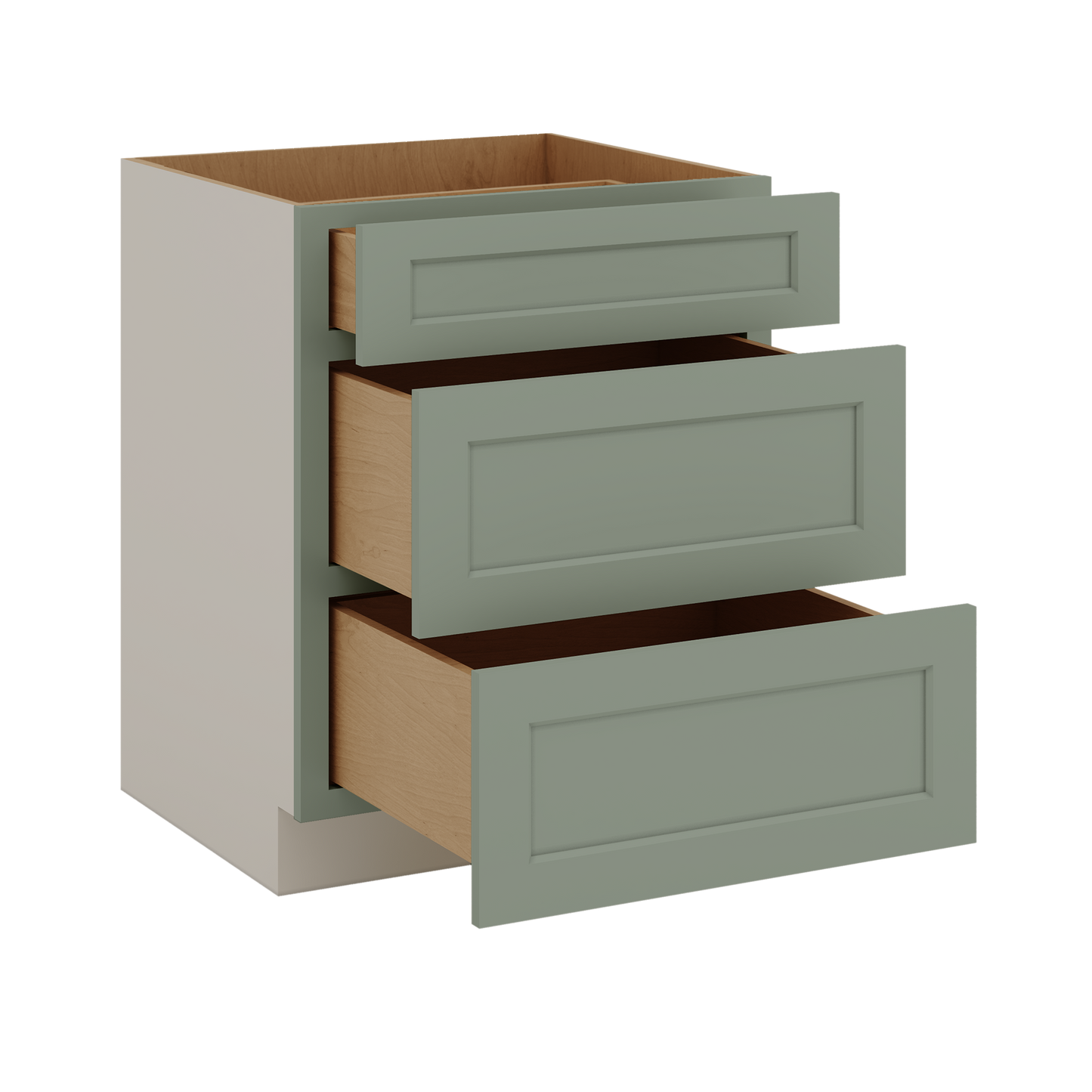 12", 15", 18", 21", 24", 30", 33" & 36" Wide 14SG Sage Green Shaker 1-1/4" Overlay 3 Drawer Base Cabinet