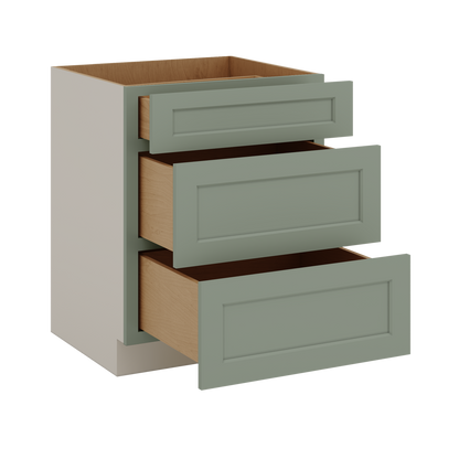 12", 15", 18", 21", 24", 30", 33" & 36" Wide 14SG Sage Green Shaker 1-1/4" Overlay 3 Drawer Base Cabinet