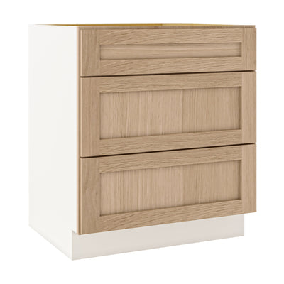 Natural Color White Oak Shaker 1-1/4" Overlay 3 Drawer Base Cabinet 12", 15", 18", 21", 24", 30", 33" & 36" Wide