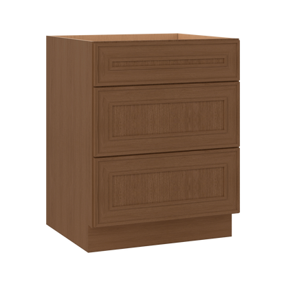 3 Drawer Base 12", 15", 18", 21", 24", 30" & 36" Wide Mocha Elegant Oak Craftsman Shaker 1-1/4" Overlay Base Cabinet