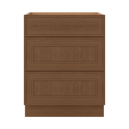3 Drawer Base 12", 15", 18", 21", 24", 30" & 36" Wide Mocha Elegant Oak Craftsman Shaker 1-1/4" Overlay Base Cabinet