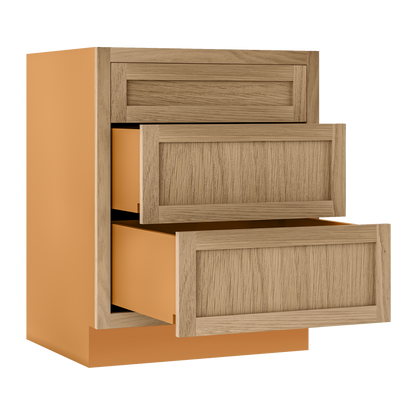 Custom Oak 3 Drawer Base Cabinet - 12"–36" wide