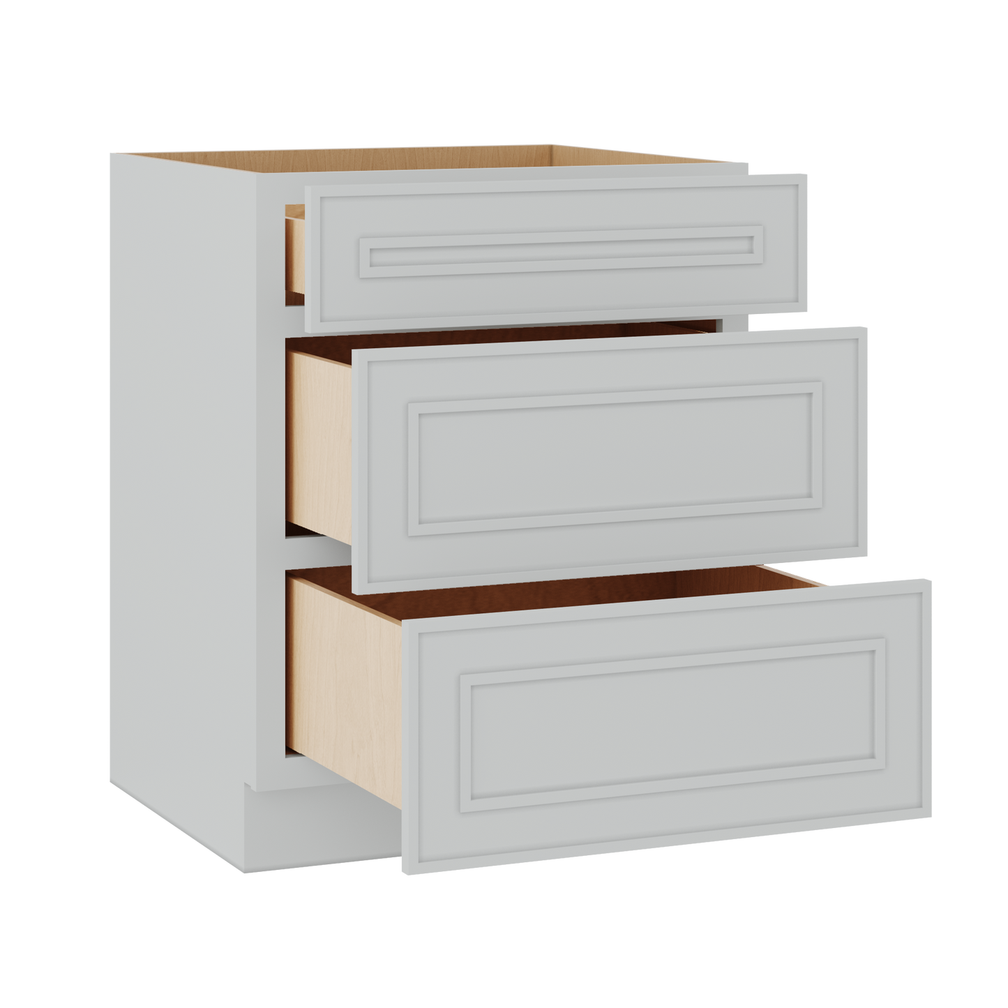 3 Drawer Base 12", 15", 18", 21", 24" & 30" Wide White Elegant Oak Craftsman Shaker 1-1/4" Overlay Base Cabinet