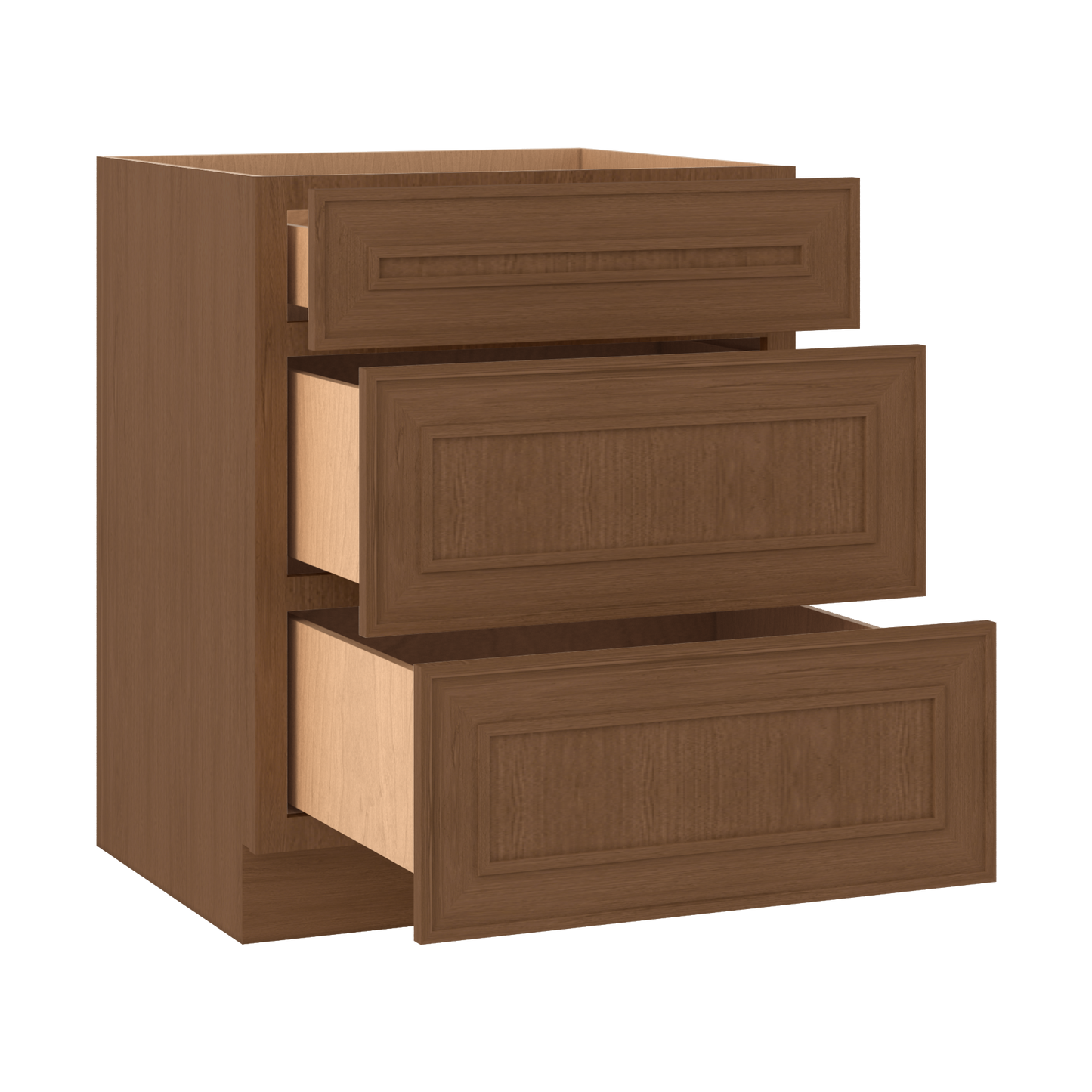 3 Drawer Base 12", 15", 18", 21", 24", 30" & 36" Wide Mocha Elegant Oak Craftsman Shaker 1-1/4" Overlay Base Cabinet