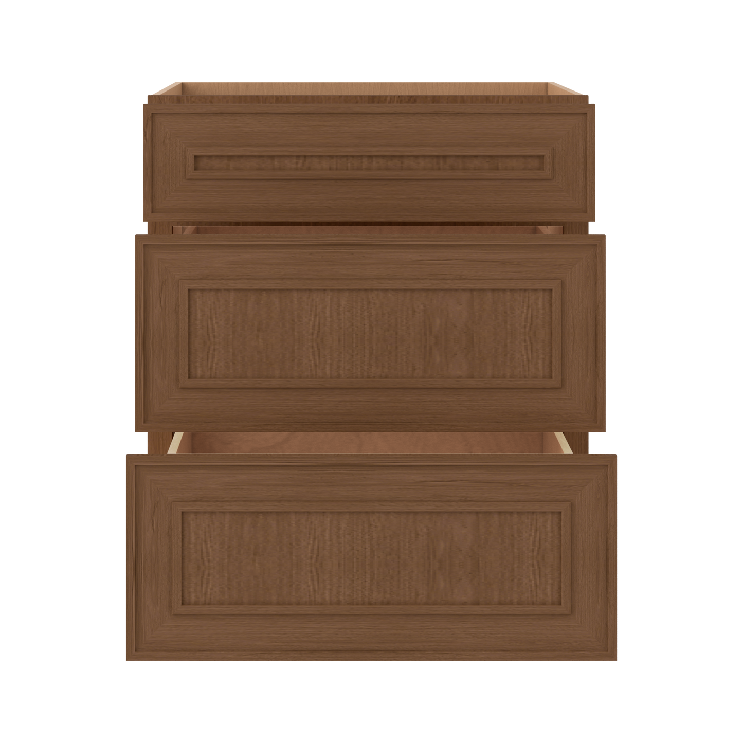 3 Drawer Base 12", 15", 18", 21", 24", 30" & 36" Wide Mocha Elegant Oak Craftsman Shaker 1-1/4" Overlay Base Cabinet
