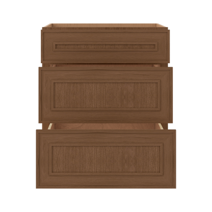 3 Drawer Base 12", 15", 18", 21", 24", 30" & 36" Wide Mocha Elegant Oak Craftsman Shaker 1-1/4" Overlay Base Cabinet