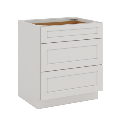 12", 15", 18", 21", 24", 30", 33" & 36" Three Drawer Base Cabinet Wide ICE White Shaker 1-1/4" Overlay CWS/CWB