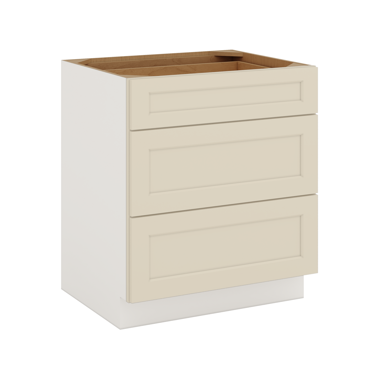 Three Drawer Base Cabinet 12", 15", 18", 21", 24", 27", 30", 33" & 36" Wide Manhattan Cream Shaker 1-1/4" Overlay