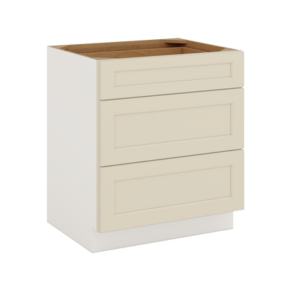 Three Drawer Base Cabinet 12", 15", 18", 21", 24", 27", 30", 33" & 36" Wide Manhattan Cream Shaker 1-1/4" Overlay