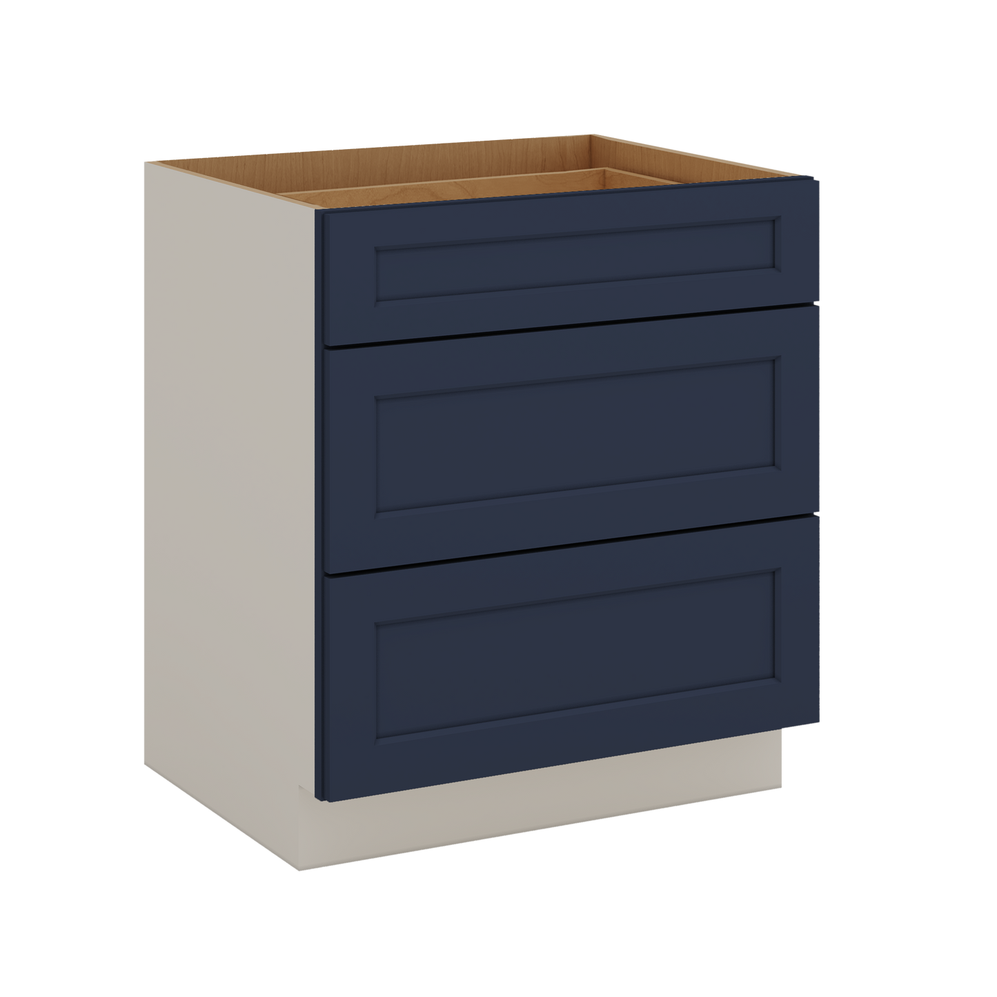 Three Drawer Base Cabinet 12", 15", 18", 21", 24", 30", 33" & 36" Wide NB29 Naval Blue Shaker 1-1/4" Overlay