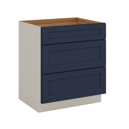 Three Drawer Base Cabinet 12", 15", 18", 21", 24", 30", 33" & 36" Wide NB29 Naval Blue Shaker 1-1/4" Overlay