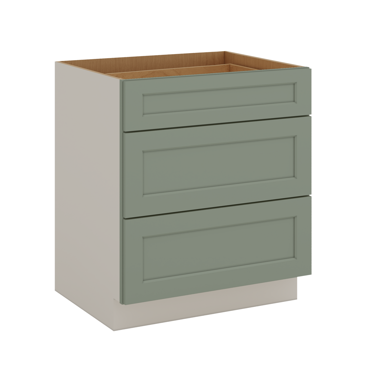 12", 15", 18", 21", 24", 30", 33" & 36" Wide 14SG Sage Green Shaker 1-1/4" Overlay 3 Drawer Base Cabinet