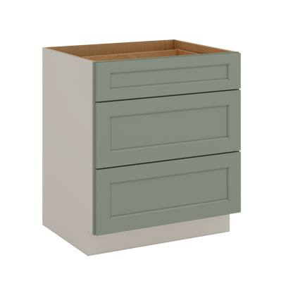 12", 15", 18", 21", 24", 30", 33" & 36" Wide 14SG Sage Green Shaker 1-1/4" Overlay 3 Drawer Base Cabinet