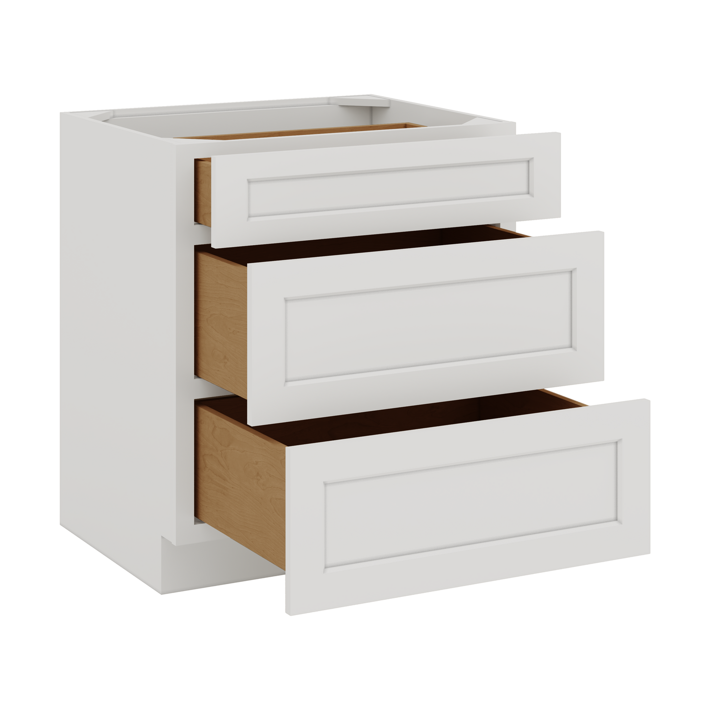 White Double Shaker 1-1/4" Overlay 3 Drawer Base Cabinet 12", 15", 18", 21", 24", 30", 33" & 36" Wide