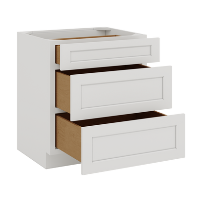 White Double Shaker 1-1/4" Overlay 3 Drawer Base Cabinet 12", 15", 18", 21", 24", 30", 33" & 36" Wide