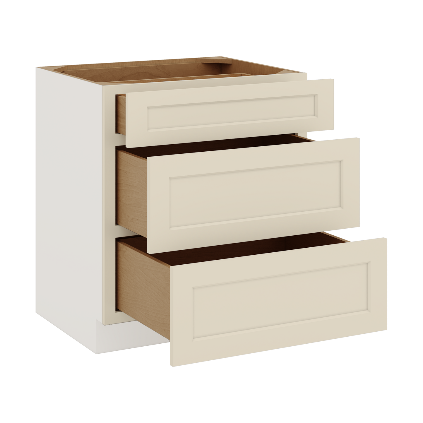 Three Drawer Base Cabinet 12", 15", 18", 21", 24", 27", 30", 33" & 36" Wide Manhattan Cream Shaker 1-1/4" Overlay