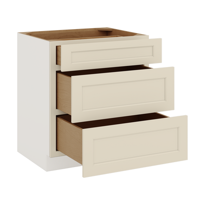 Three Drawer Base Cabinet 12", 15", 18", 21", 24", 27", 30", 33" & 36" Wide Manhattan Cream Shaker 1-1/4" Overlay