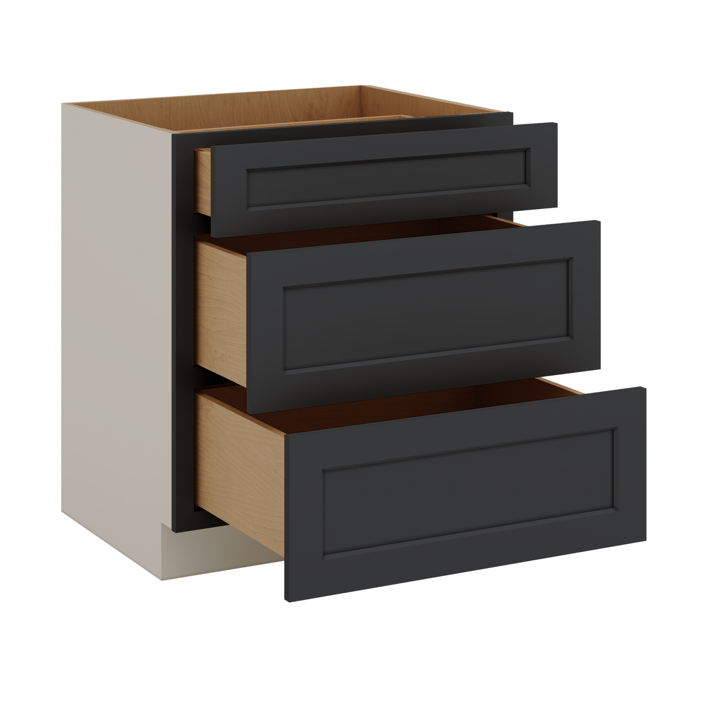 Three Drawer Base Cabinet 12", 15", 18", 21", 24", 30", 33" & 36" Wide 15HNS Hermosa Noir Black Shaker 1-1/4" Overlay