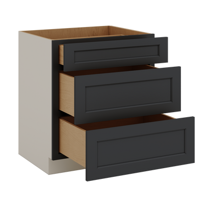 Three Drawer Base Cabinet 12", 15", 18", 21", 24", 30", 33" & 36" Wide 15HNS Hermosa Noir Black Shaker 1-1/4" Overlay
