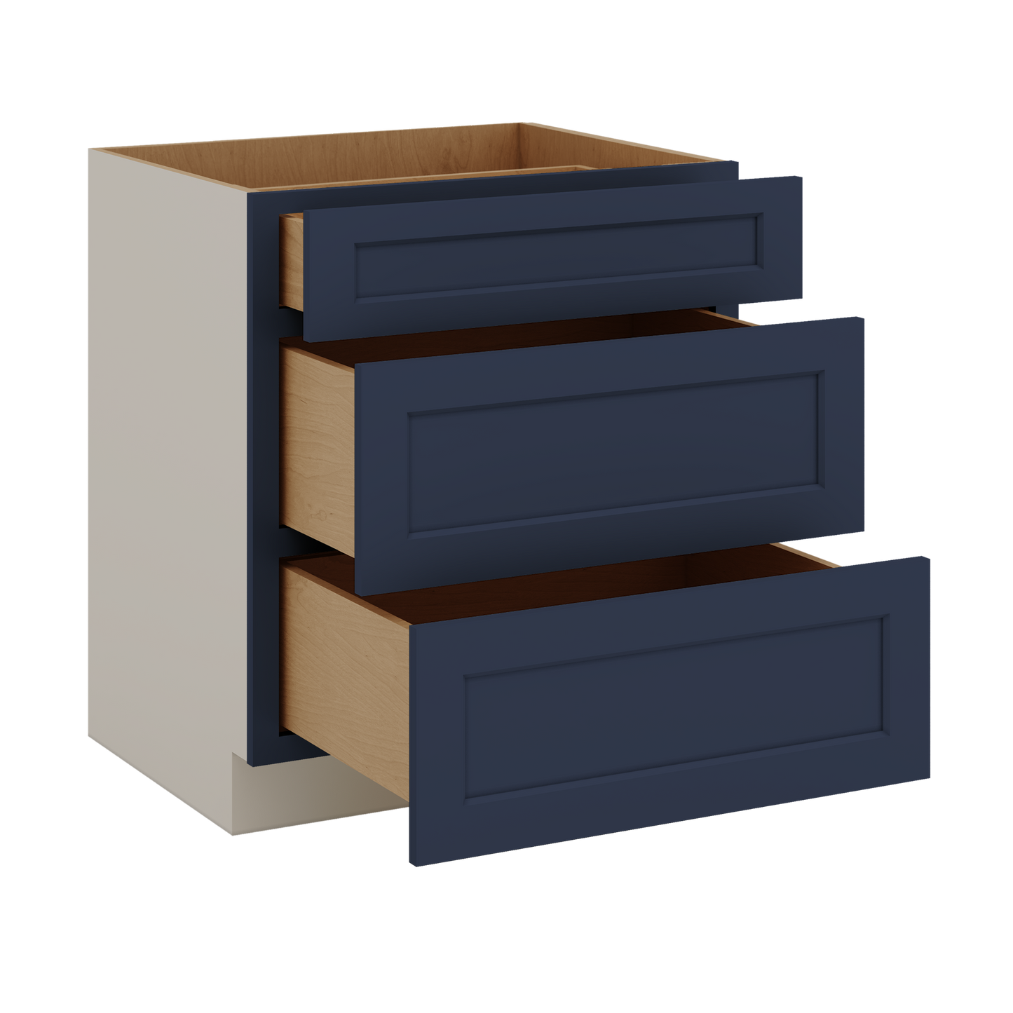 Three Drawer Base Cabinet 12", 15", 18", 21", 24", 30", 33" & 36" Wide NB29 Naval Blue Shaker 1-1/4" Overlay