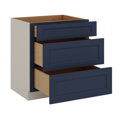 Three Drawer Base Cabinet 12", 15", 18", 21", 24", 30", 33" & 36" Wide NB29 Naval Blue Shaker 1-1/4" Overlay