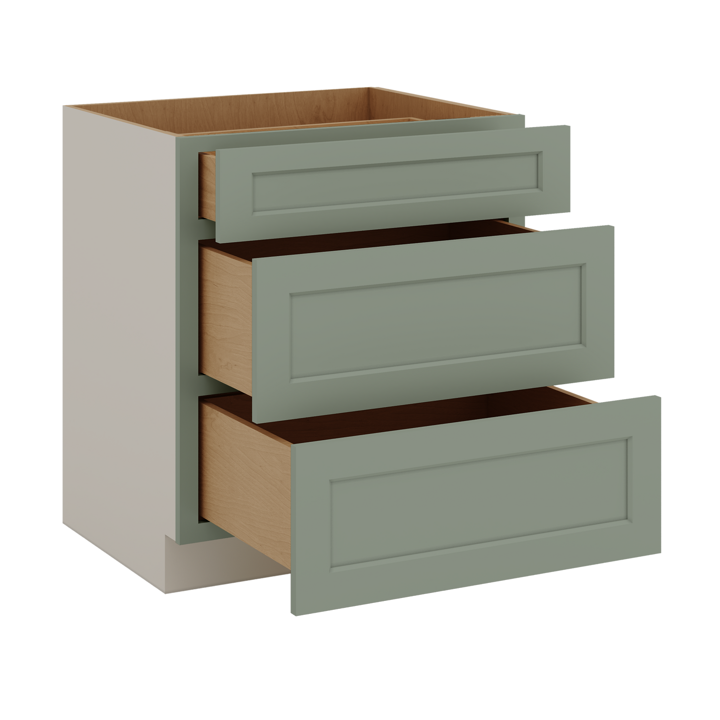 12", 15", 18", 21", 24", 30", 33" & 36" Wide 14SG Sage Green Shaker 1-1/4" Overlay 3 Drawer Base Cabinet