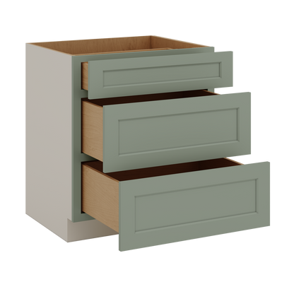 12", 15", 18", 21", 24", 30", 33" & 36" Wide 14SG Sage Green Shaker 1-1/4" Overlay 3 Drawer Base Cabinet