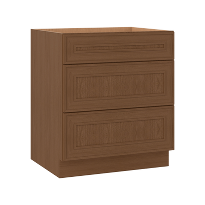 3 Drawer Base 12", 15", 18", 21", 24", 30" & 36" Wide Mocha Elegant Oak Craftsman Shaker 1-1/4" Overlay Base Cabinet