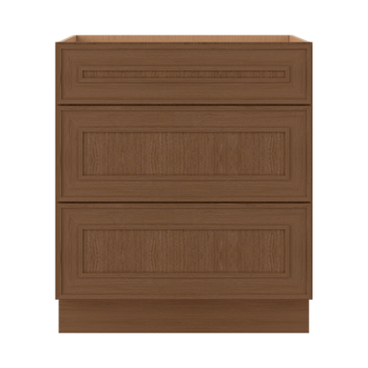 3 Drawer Base 12", 15", 18", 21", 24", 30" & 36" Wide Mocha Elegant Oak Craftsman Shaker 1-1/4" Overlay Base Cabinet