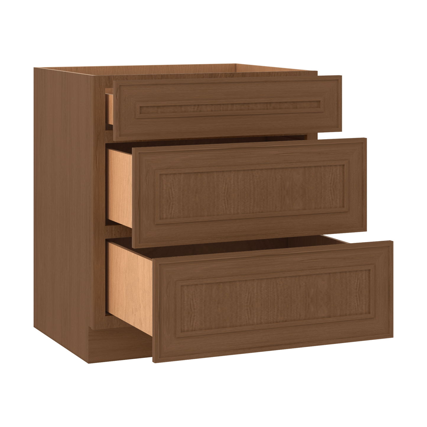3 Drawer Base 12", 15", 18", 21", 24", 30" & 36" Wide Mocha Elegant Oak Craftsman Shaker 1-1/4" Overlay Base Cabinet
