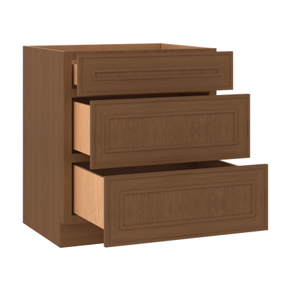 3 Drawer Base 12", 15", 18", 21", 24", 30" & 36" Wide Mocha Elegant Oak Craftsman Shaker 1-1/4" Overlay Base Cabinet