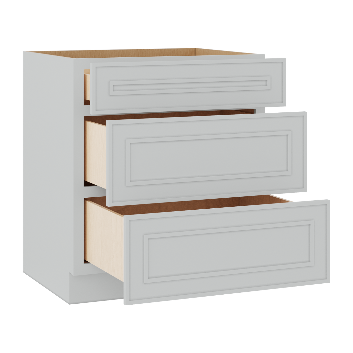 3 Drawer Base 12", 15", 18", 21", 24" & 30" Wide White Elegant Oak Craftsman Shaker 1-1/4" Overlay Base Cabinet