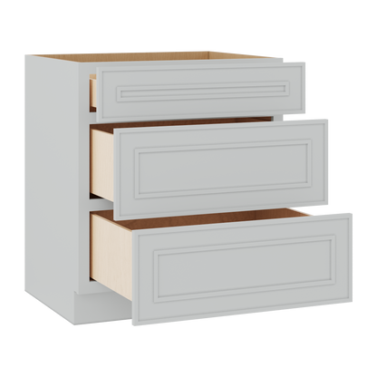 3 Drawer Base 12", 15", 18", 21", 24" & 30" Wide White Elegant Oak Craftsman Shaker 1-1/4" Overlay Base Cabinet