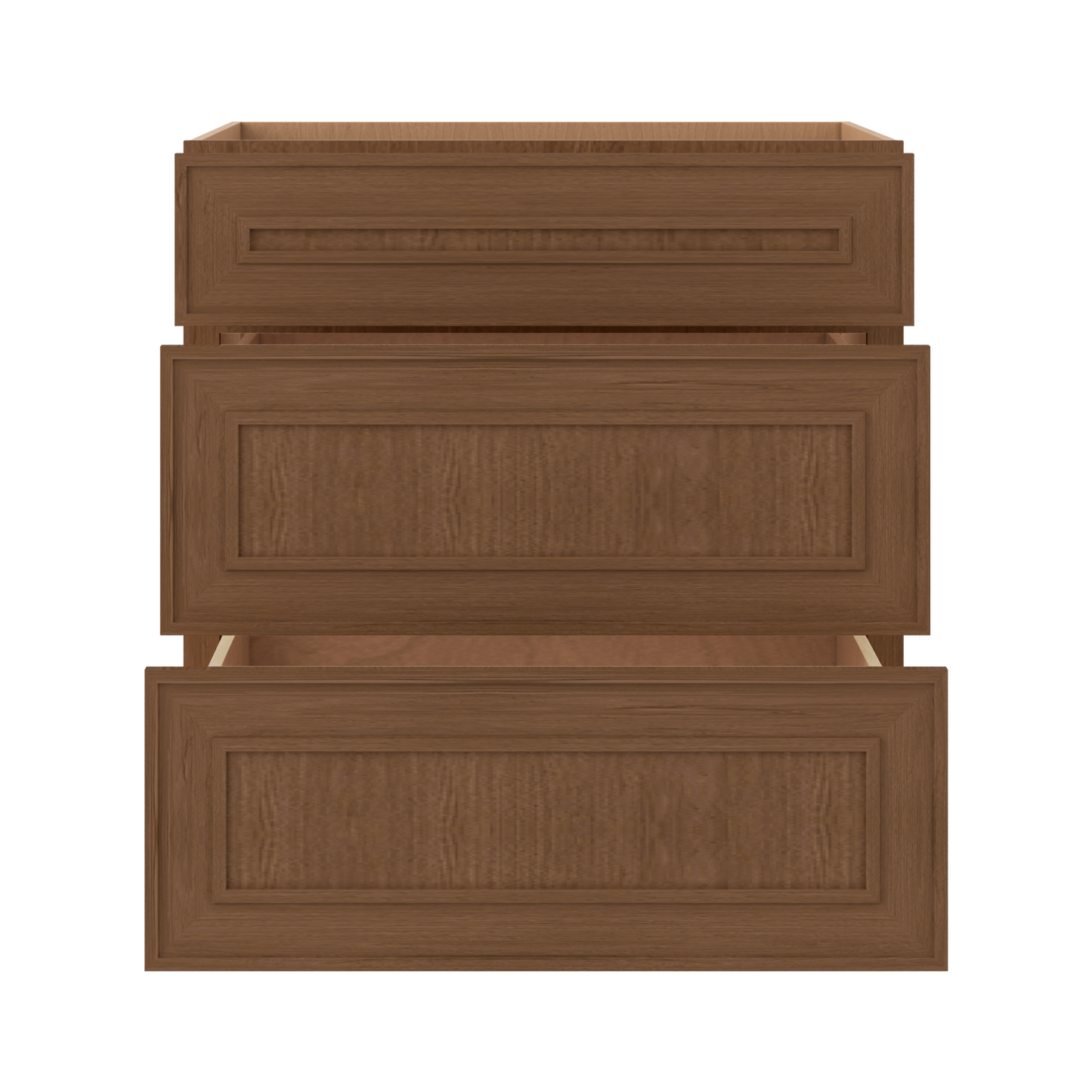 3 Drawer Base 12", 15", 18", 21", 24", 30" & 36" Wide Mocha Elegant Oak Craftsman Shaker 1-1/4" Overlay Base Cabinet