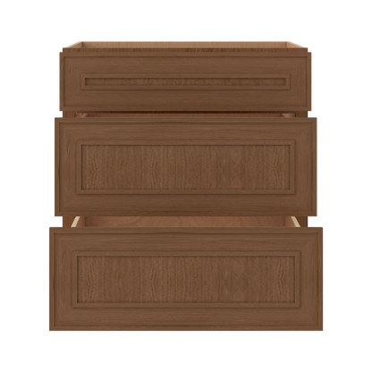 3 Drawer Base 12", 15", 18", 21", 24", 30" & 36" Wide Mocha Elegant Oak Craftsman Shaker 1-1/4" Overlay Base Cabinet