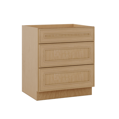 3 Drawer Base 12", 15", 18", 21", 24" & 30" Wide Elegant Oak Craftsman Shaker 1-1/4" Overlay Base Cabinet