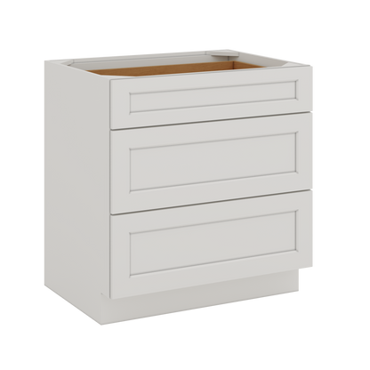 12", 15", 18", 21", 24", 30", 33" & 36" Three Drawer Base Cabinet Wide ICE White Shaker 1-1/4" Overlay CWS/CWB