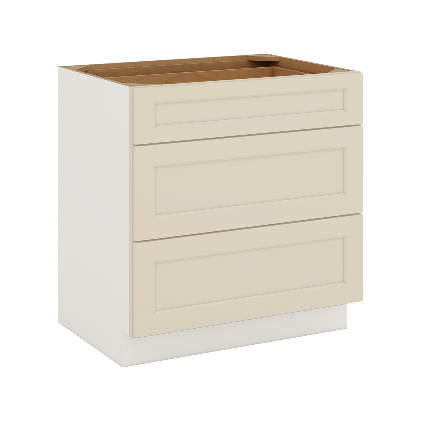 Three Drawer Base Cabinet 12", 15", 18", 21", 24", 27", 30", 33" & 36" Wide Manhattan Cream Shaker 1-1/4" Overlay