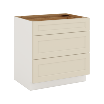 Three Drawer Base Cabinet 12", 15", 18", 21", 24", 27", 30", 33" & 36" Wide Manhattan Cream Shaker 1-1/4" Overlay
