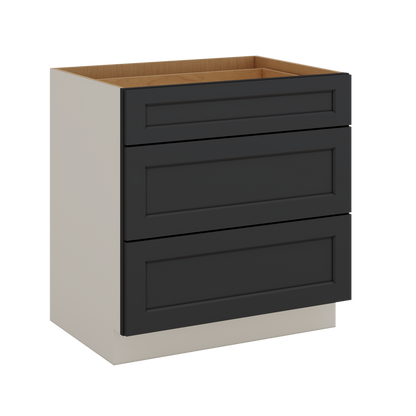 Three Drawer Base Cabinet 12", 15", 18", 21", 24", 30", 33" & 36" Wide 15HNS Hermosa Noir Black Shaker 1-1/4" Overlay