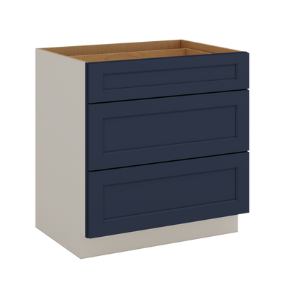 Three Drawer Base Cabinet 12", 15", 18", 21", 24", 30", 33" & 36" Wide NB29 Naval Blue Shaker 1-1/4" Overlay
